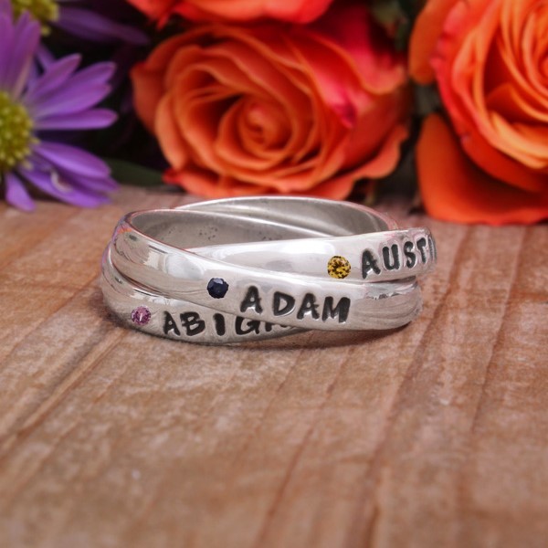 Silver Triple Name Birthstone Rings